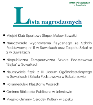 Bank Spółdzielczy w Suwałkach lista nagrodzonych: - Miejski Klub Sportowy Ślepsk Malow Suwałki - Nauczyciele wychowania fizycznego ze Szkoły Podstawowej nr 11 w Suwałkach oraz Zespołu Szkół nr 2 w Suwałkach - Niepubliczna Terapeutyczna Szkoła Podstawowa ,,Bajka" w Suwałkach - Nauczyciele fizyki z III Liceum Ogólnokształcącego w Suwałkach i Szkoła Podstawowa w Bakałarzewie - Pokamedulski Klasztor w Wigrach - Gminna Biblioteka w Jeleniewie - Miejsko-Gminny Ośrodek Kultury w Lipsku